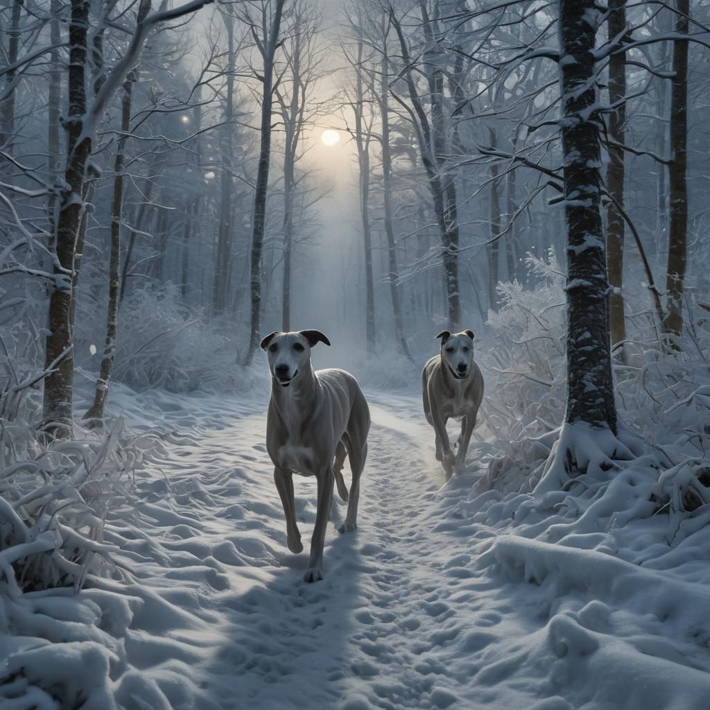 Greyhound in Snowy Forest: Miyazaki-Inspired Digital Art