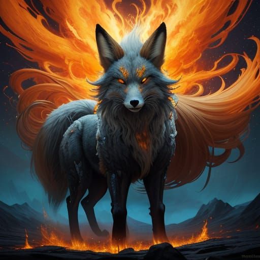 Gigantic Ninetails Fox Ignites Inferno Landscape
