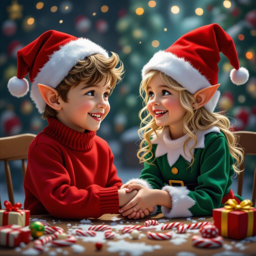 Boy Shakes Hands With Elf in Whimsical Christmas Scene