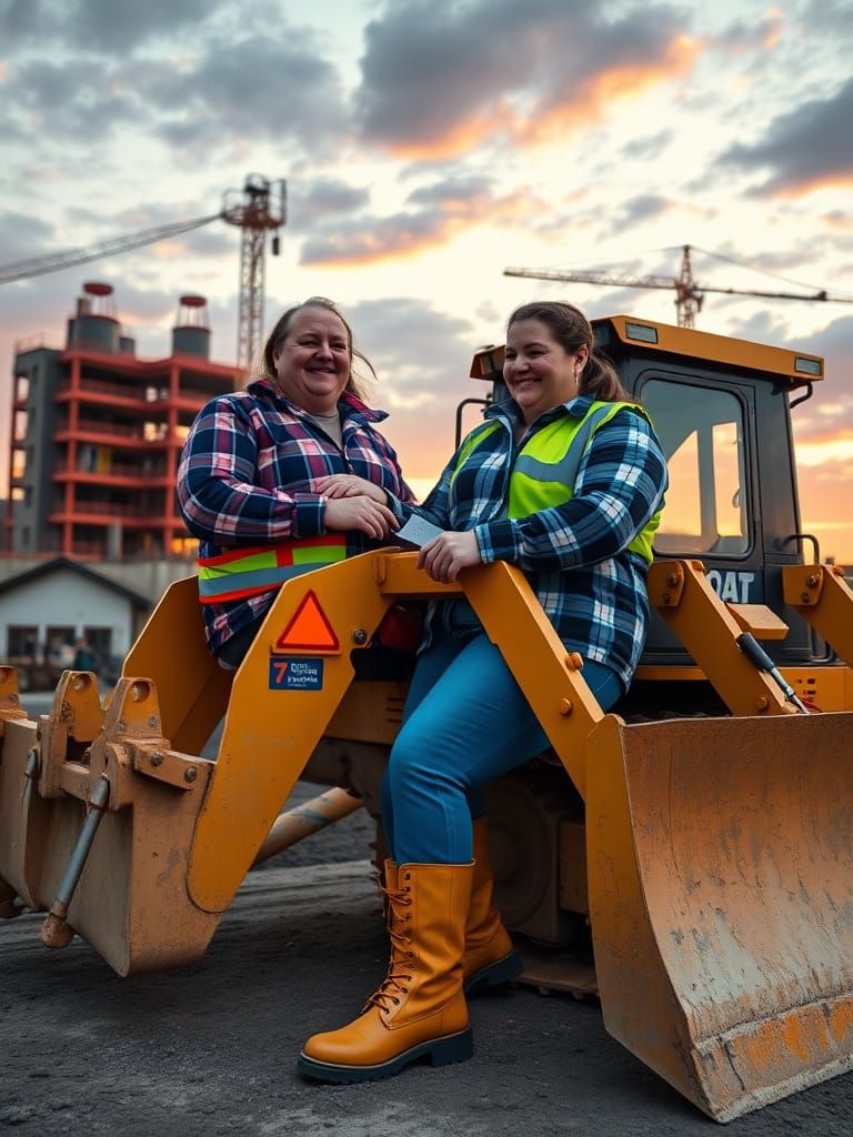 Snow White Drives Bulldozer at Sunset in Oil Paint Style