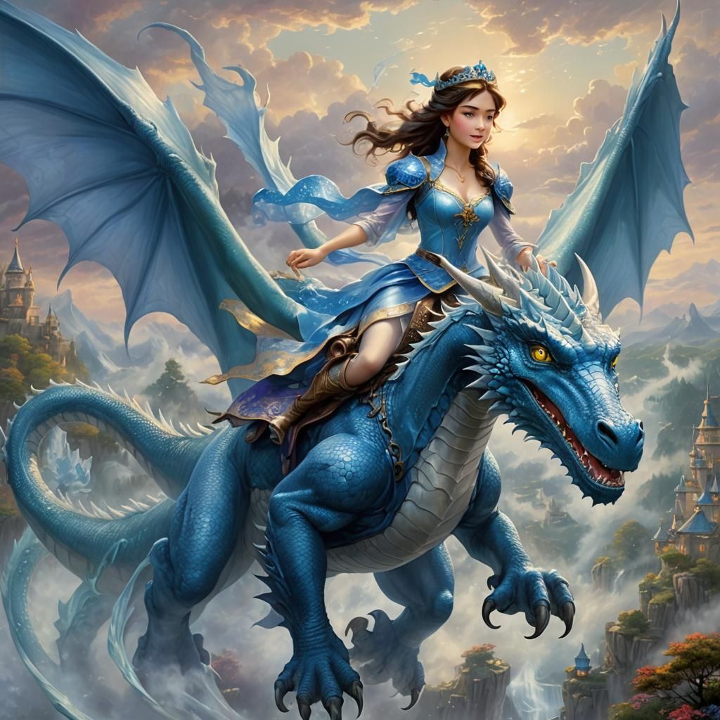 Princess on Blue Dragon in Ethereal Fantasy Style