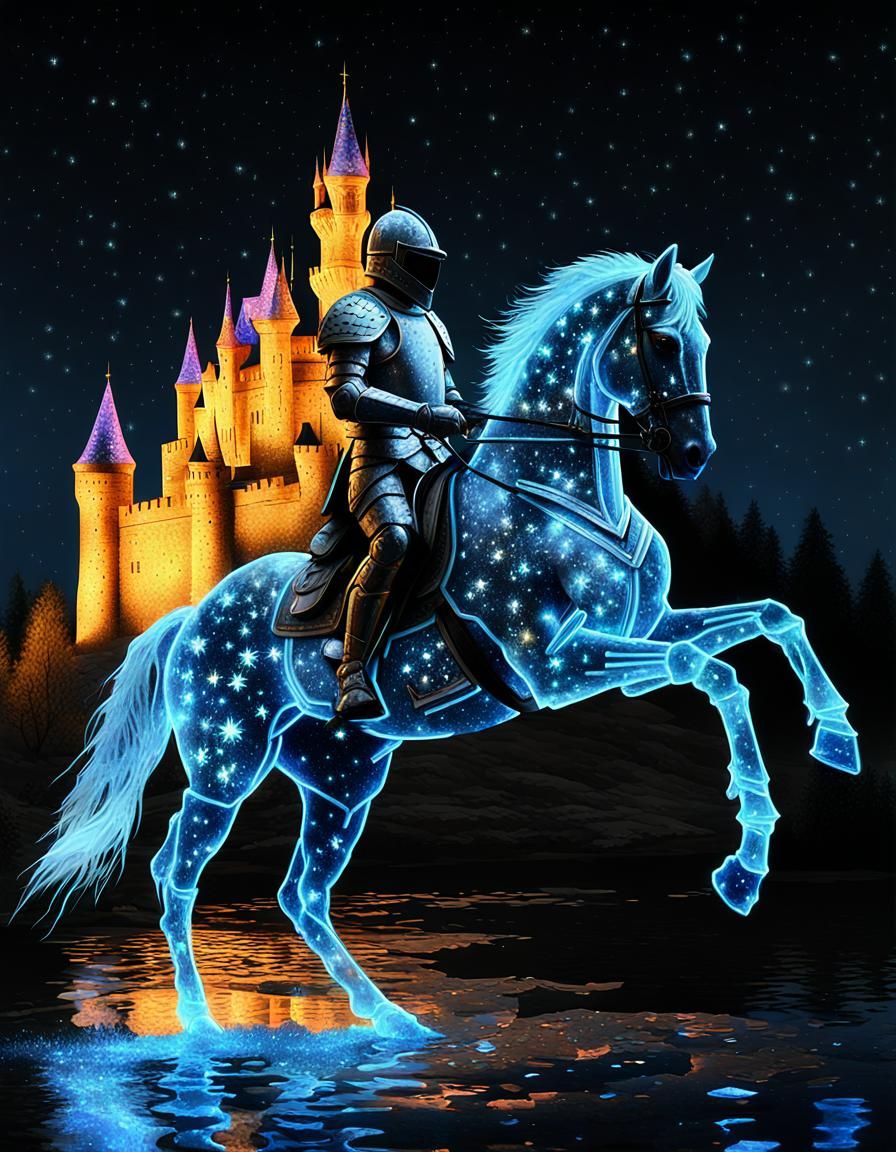 Neon Ice Knight on Water Horse Digital Art