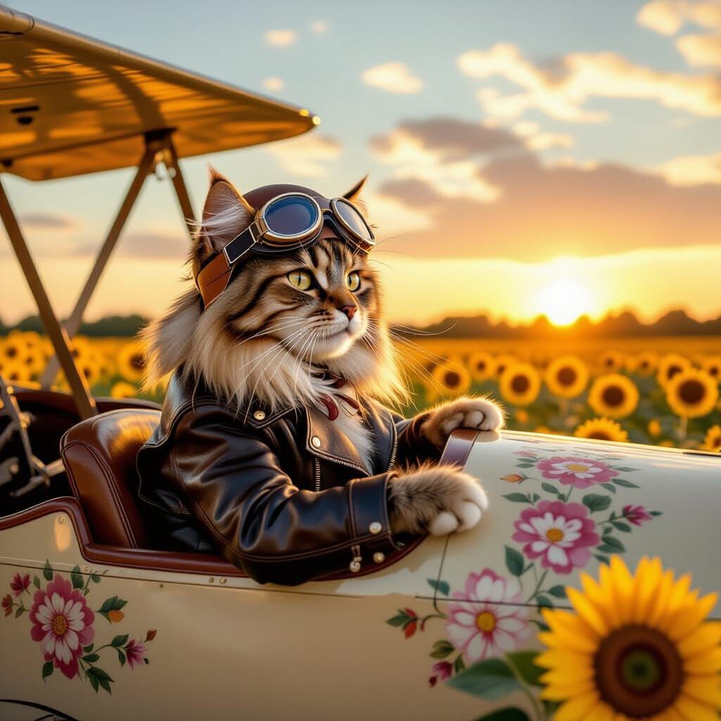 Fluffy Cat Pilot Soaring Over Sunflowers