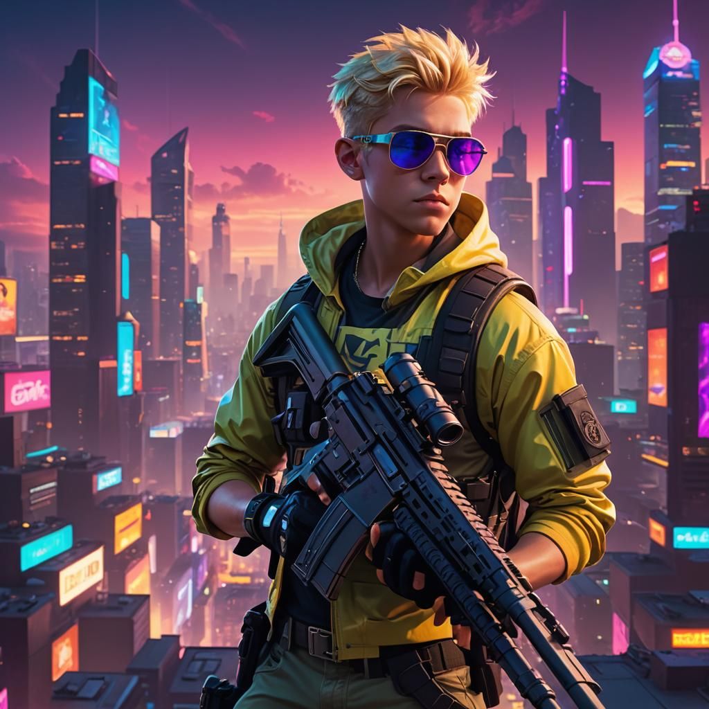 Boy Rapper with Sniper Rifle in Neon Cityscape