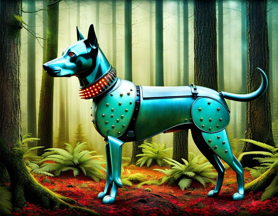 Robot Dog in Forest, Surreal Art