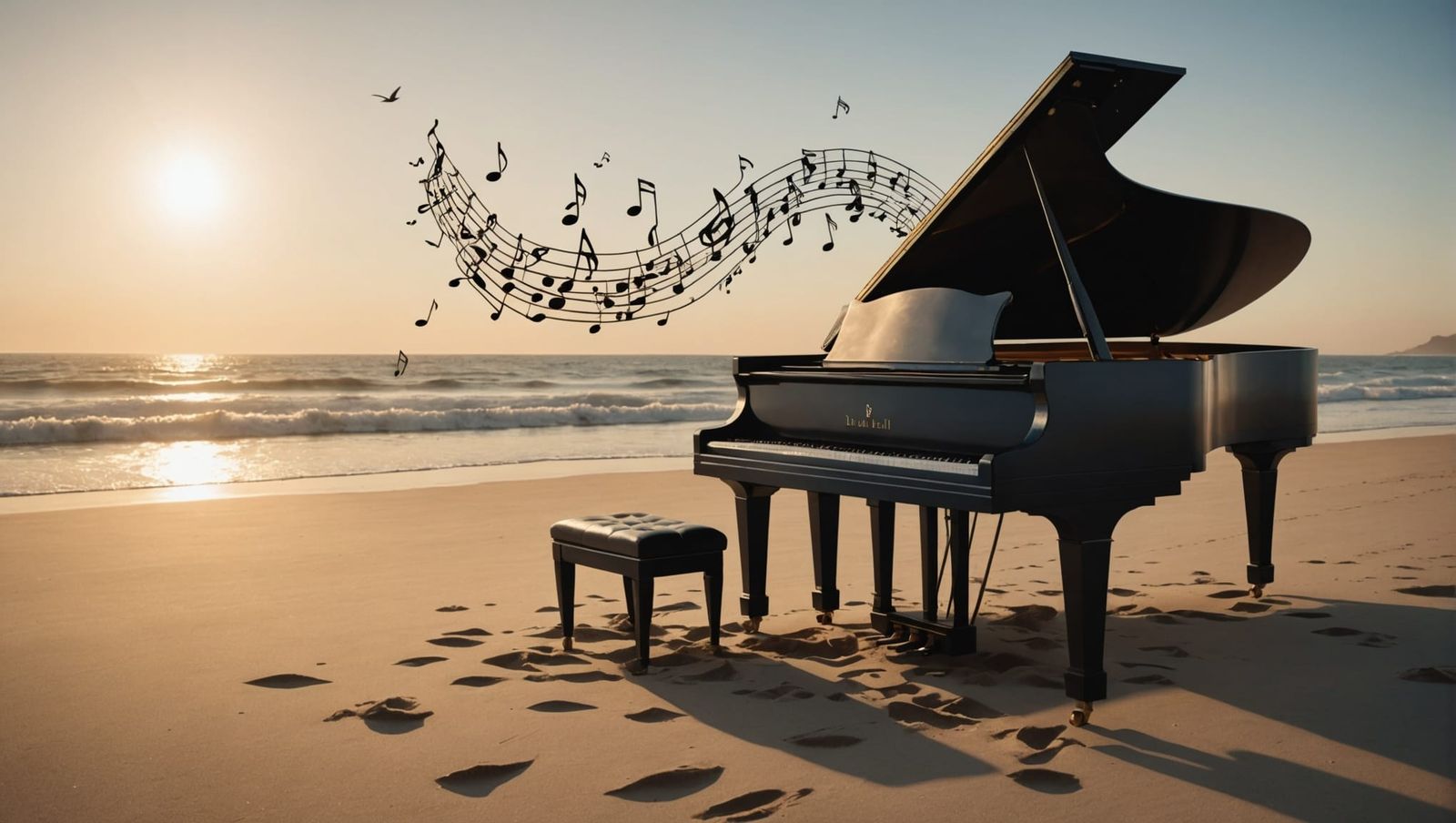 Surreal Piano on Beach with Birds, Dali Style