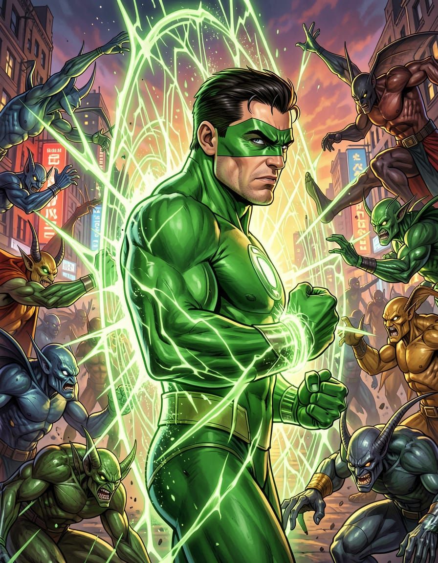 Green Lantern Deflects Alien Attack with Energy Wall