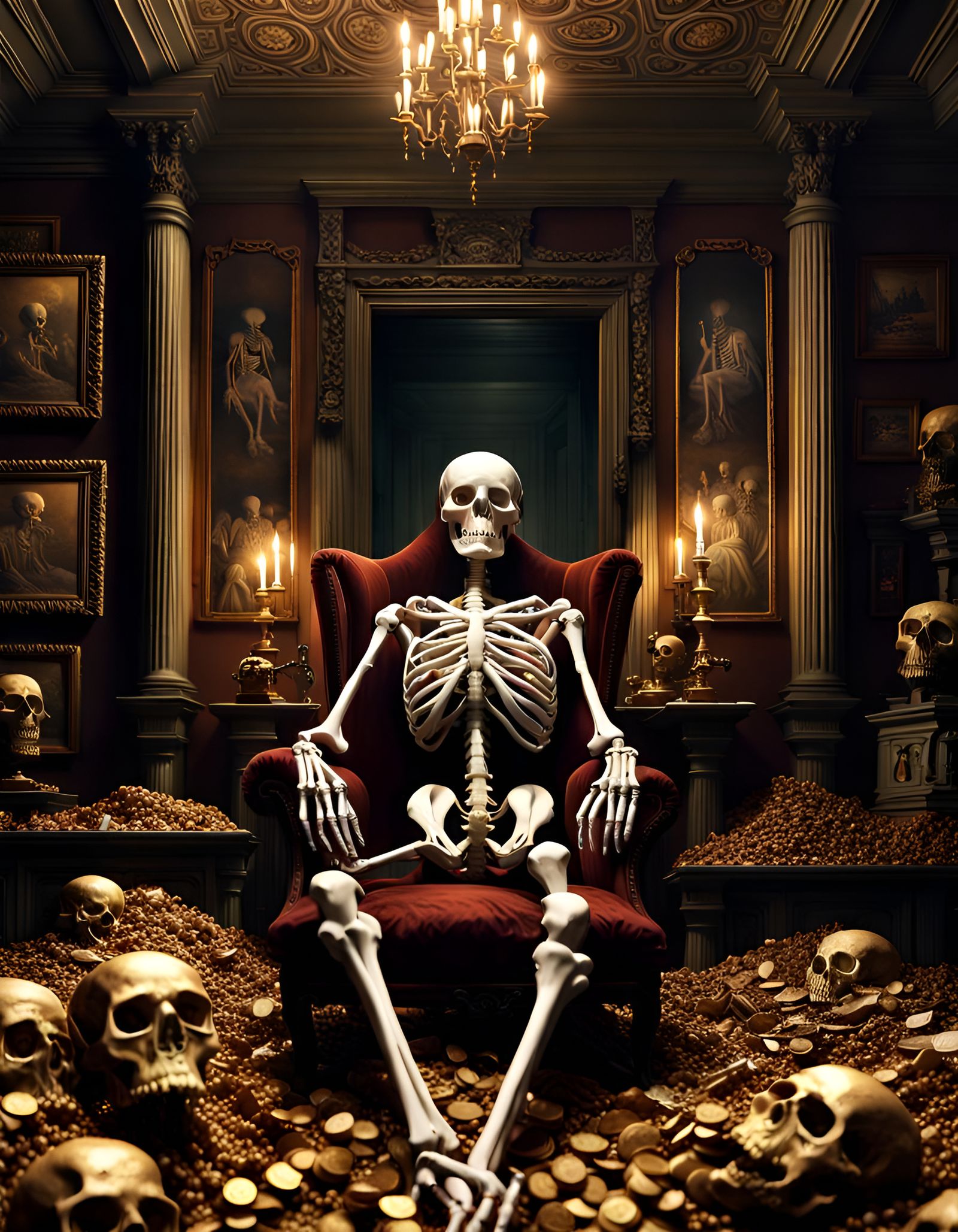 Skeleton Guarding Gold in Victorian Mansion