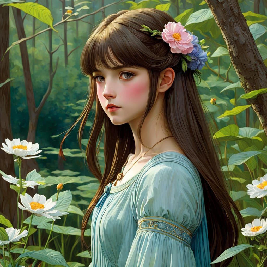 Blossoming Beauty in Anime-Inspired Waterhouse Style