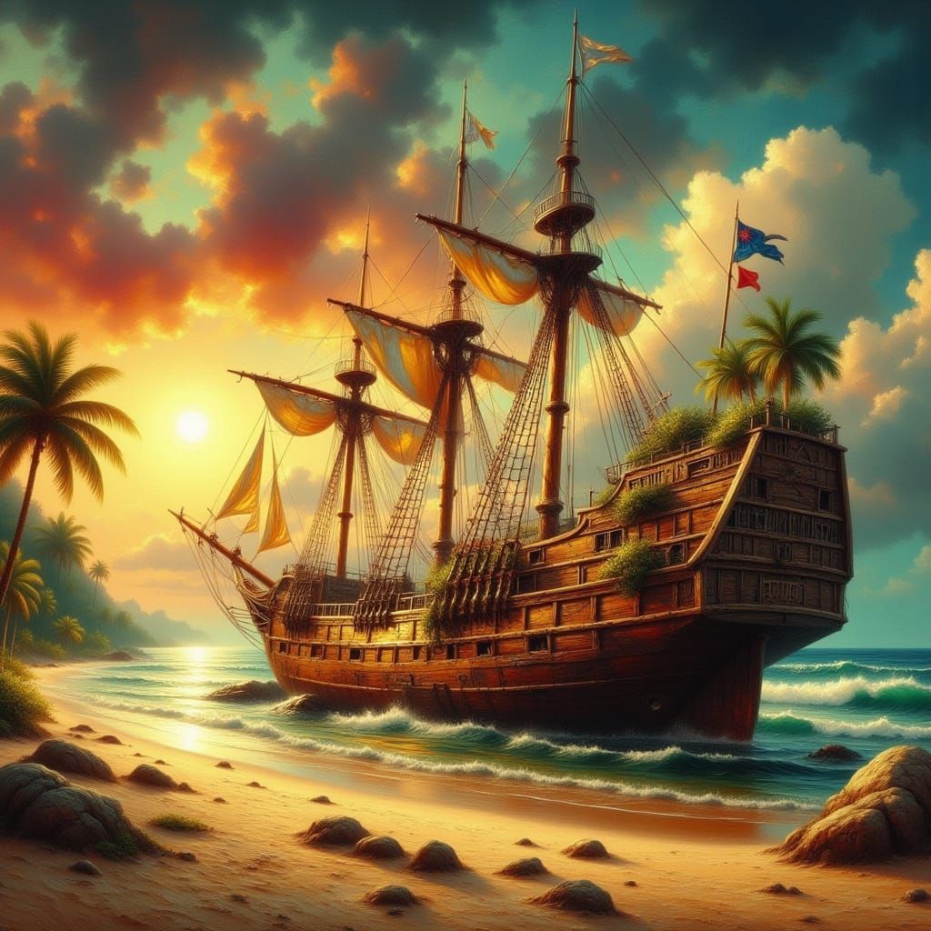 Majestic, Abandoned Spanish Galleon on a Tropical Island Sho...