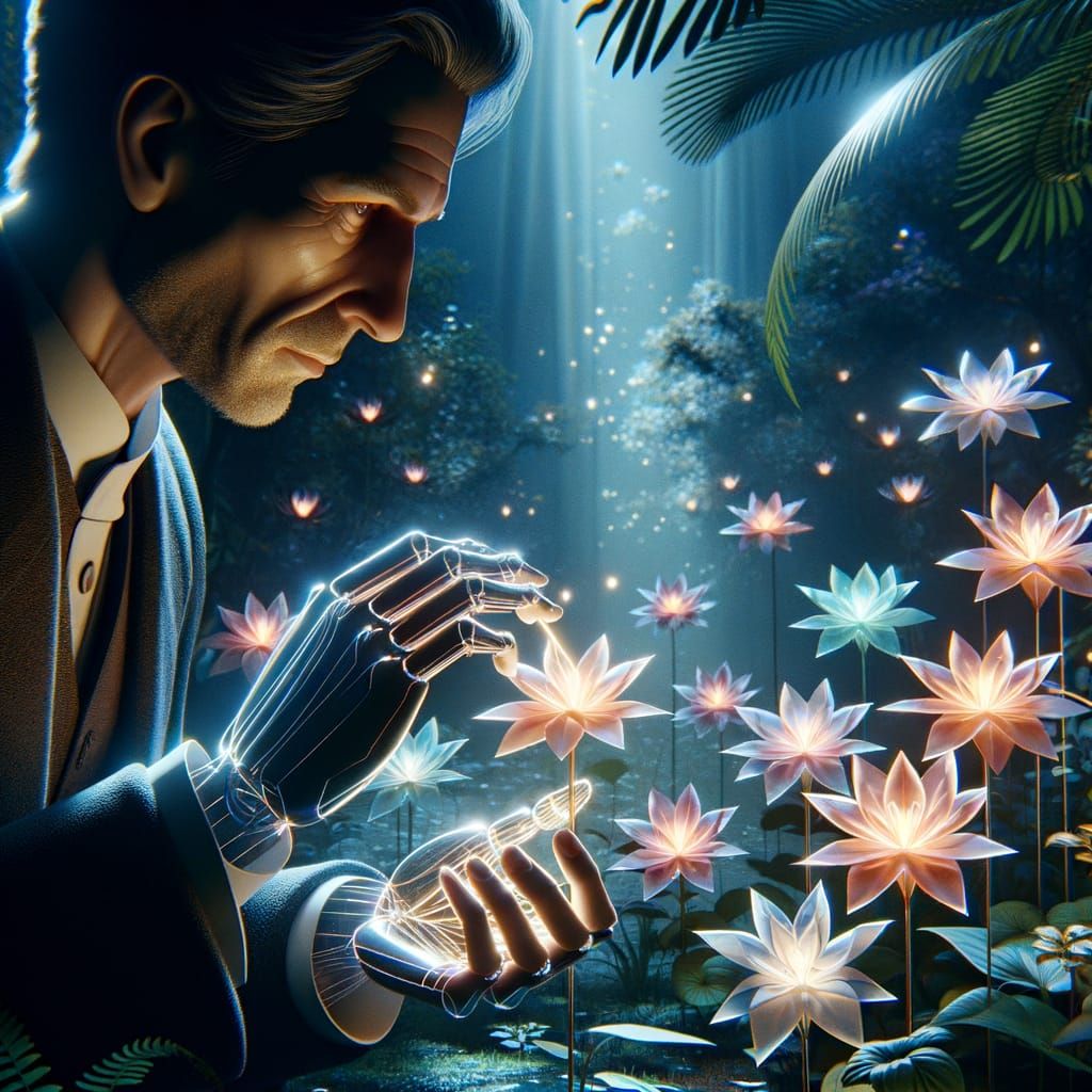 Man Waters Luminescent Origami Flowers: Macro Shot