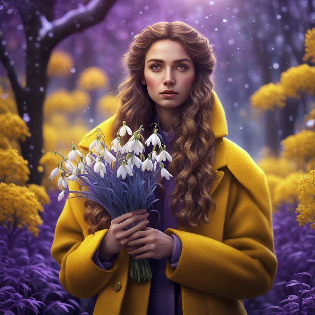 Young Woman with Snowdrops in Winter Landscape