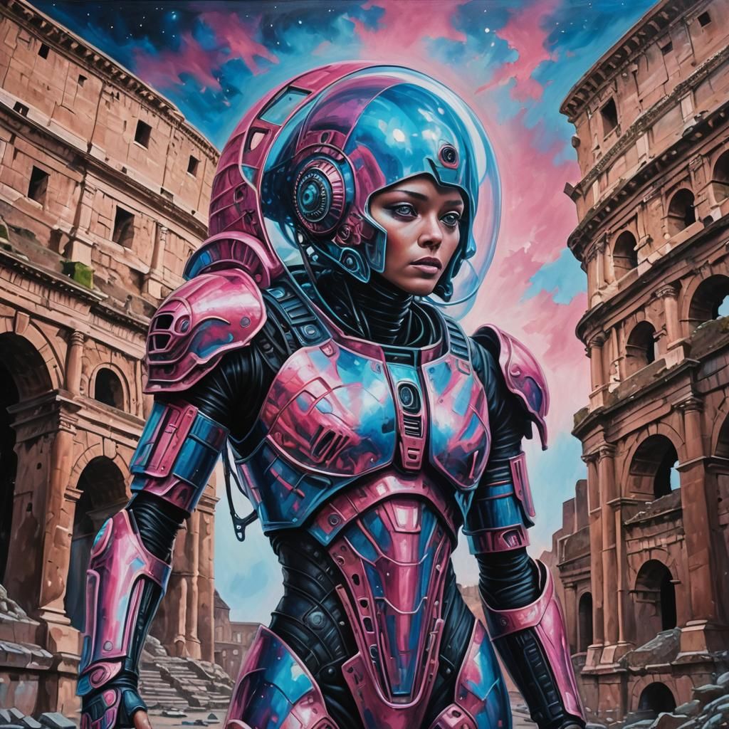 Alien Lands at Colosseum in Surrealist Oil Painting