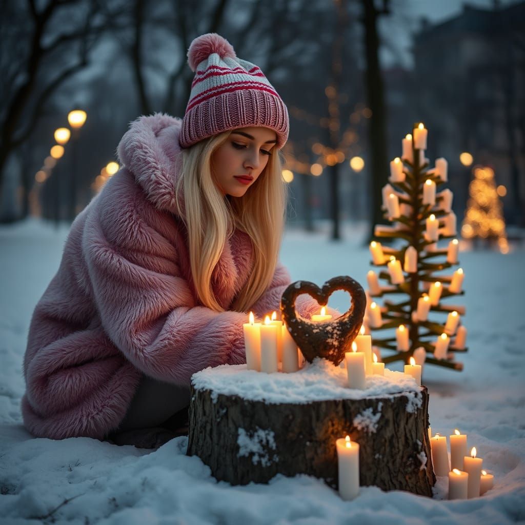 Woman Collecting Candle Stumps in Snowy City Park