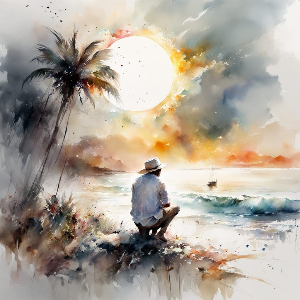 Solar Eclipse Beach Scene in Watercolour Style