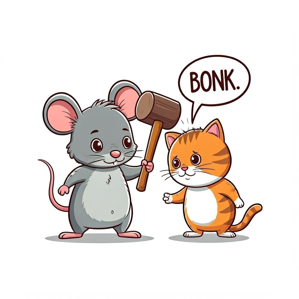 Cartoon Mouse Bonks Cat with Hammer