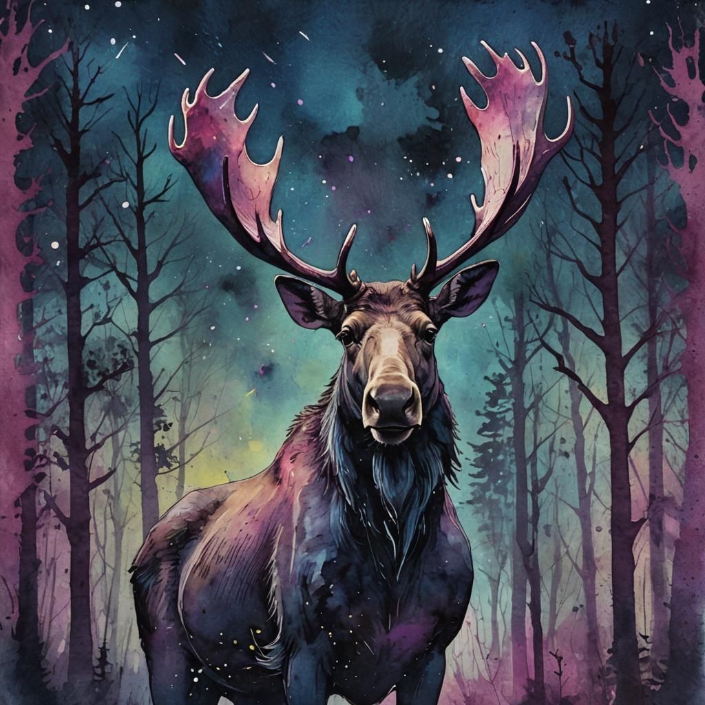 Moose in Forest: Neo-Expressionist Watercolor Art