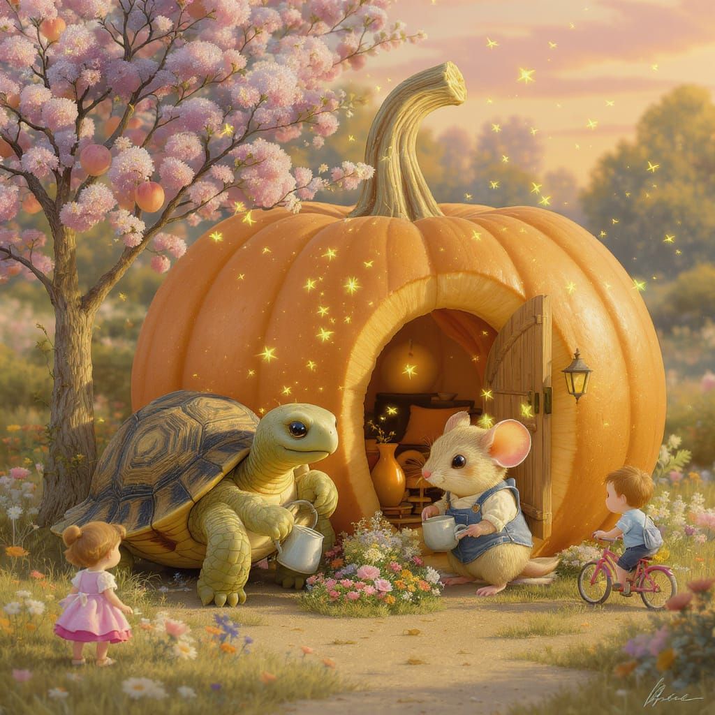 Miniature Turtle and Mouse in Pumpkin Town, Oil Painting