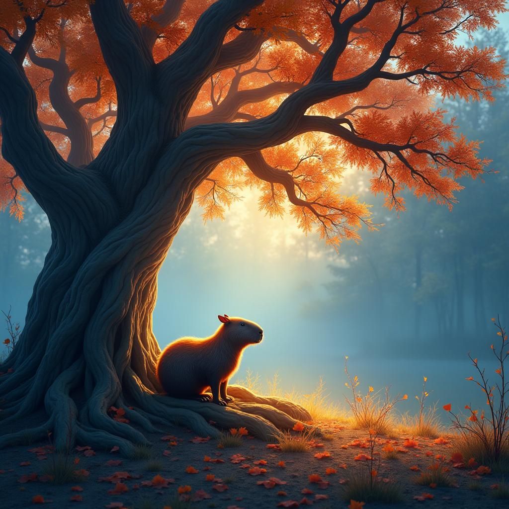 Capybara Under Autumn Tree in Hyper-Realistic Style