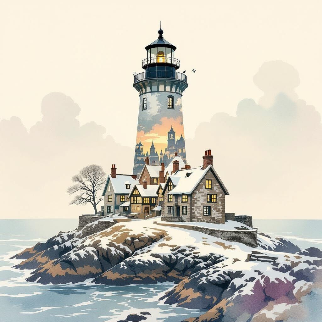 Lighthouse Reveals Medieval Village in Watercolor Style