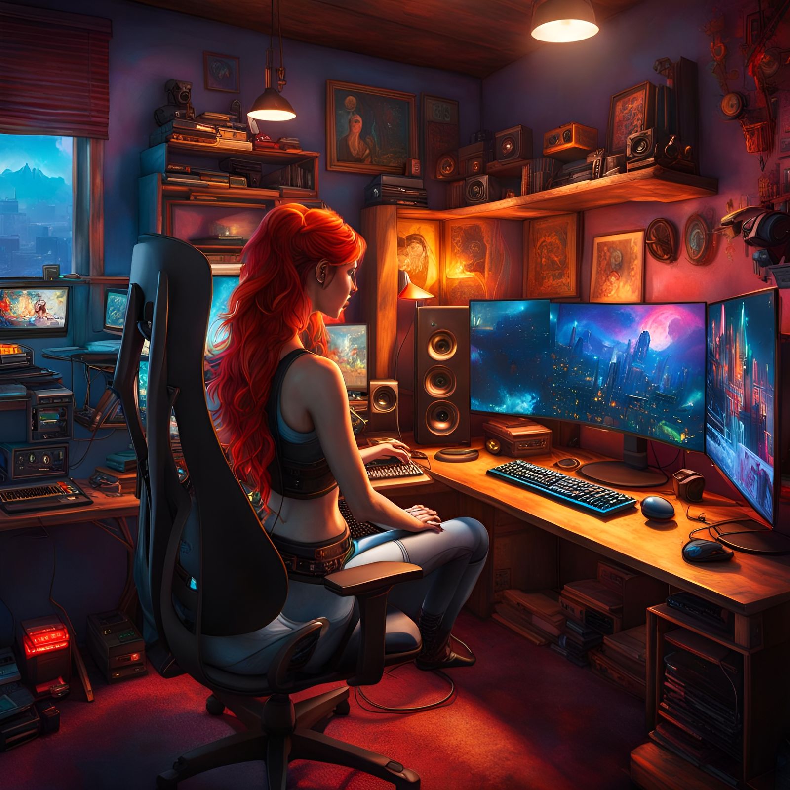 Futuristic Gaming Setup with Redhead Girl