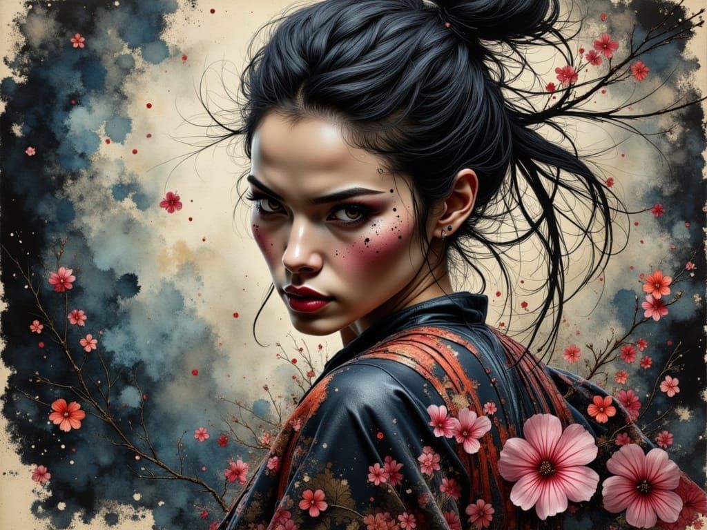 Fierce Samurai Warrior in Dynamic Ink Style