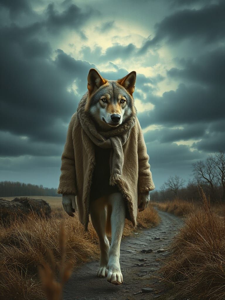 Humanoid Wolf in Moody Countryside Oil Painting