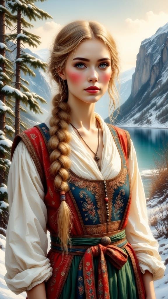Ethereal Norwegian Woman in Traditional Bunad Dress