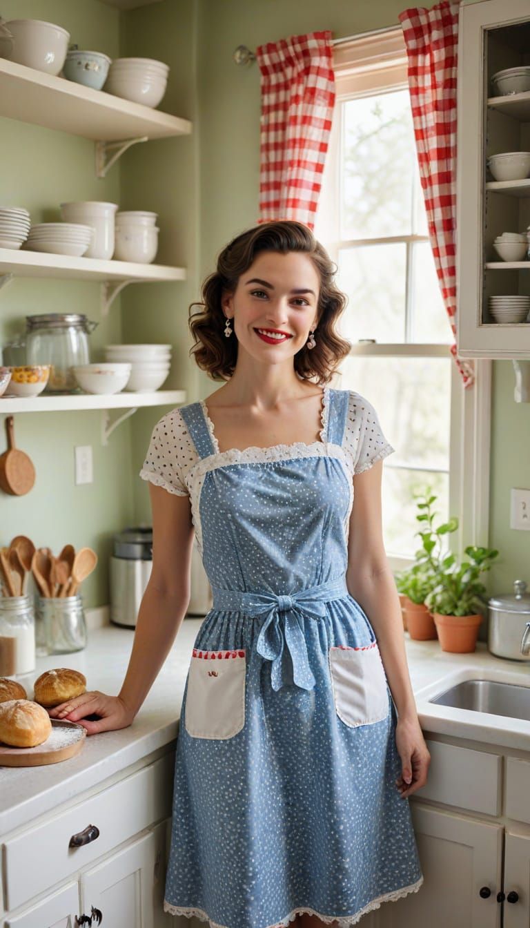 1950s Housewife Baking Bread in a Charming Kitchen
