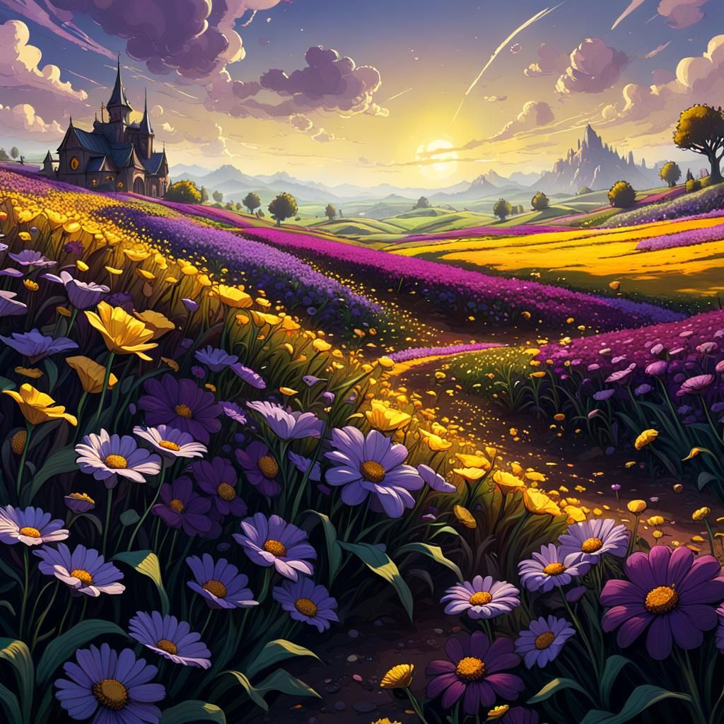 Hyperdetailed Flower Fields in Dark Fantasy Style