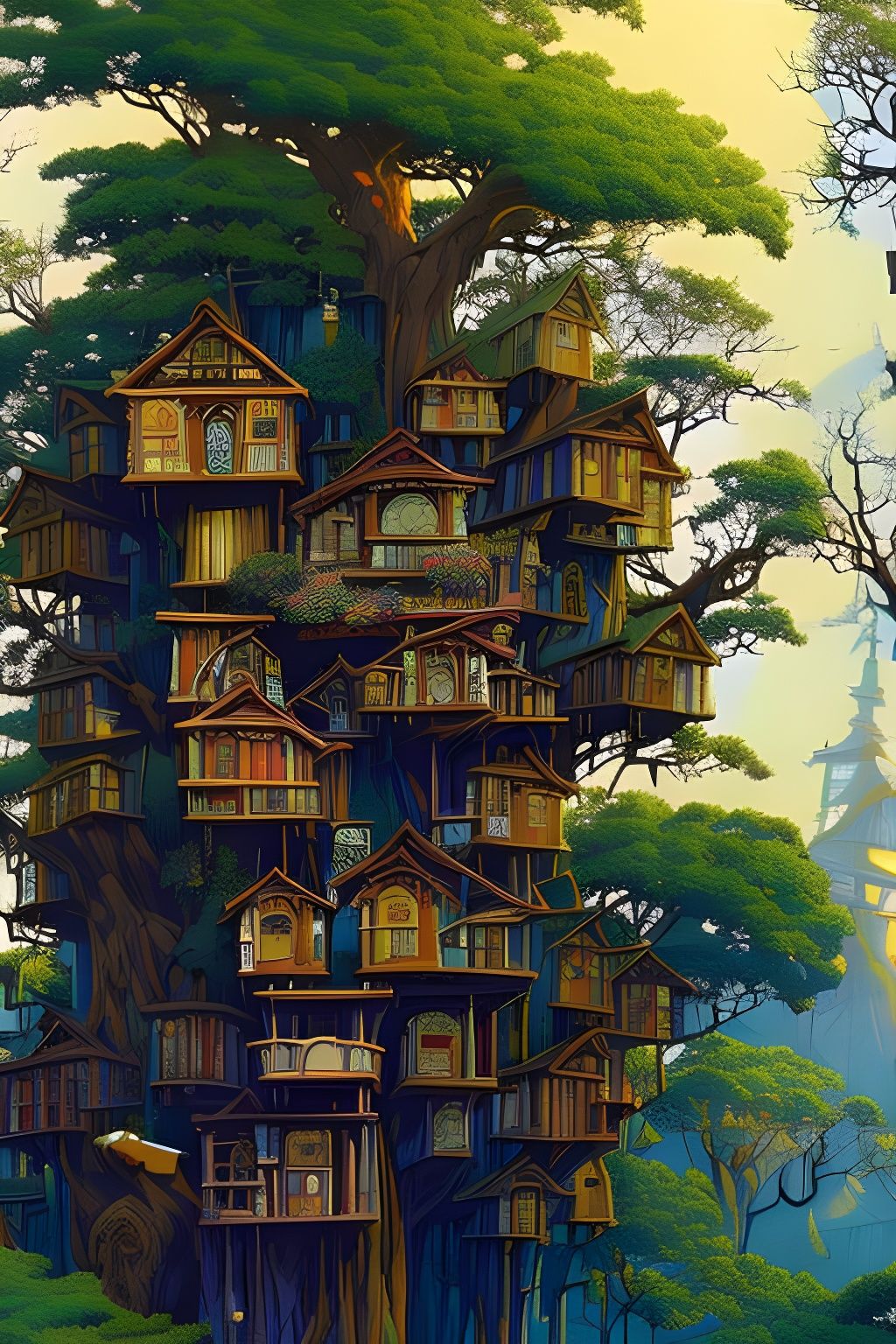 Colorful Treehouse Village: Detailed Digital Art