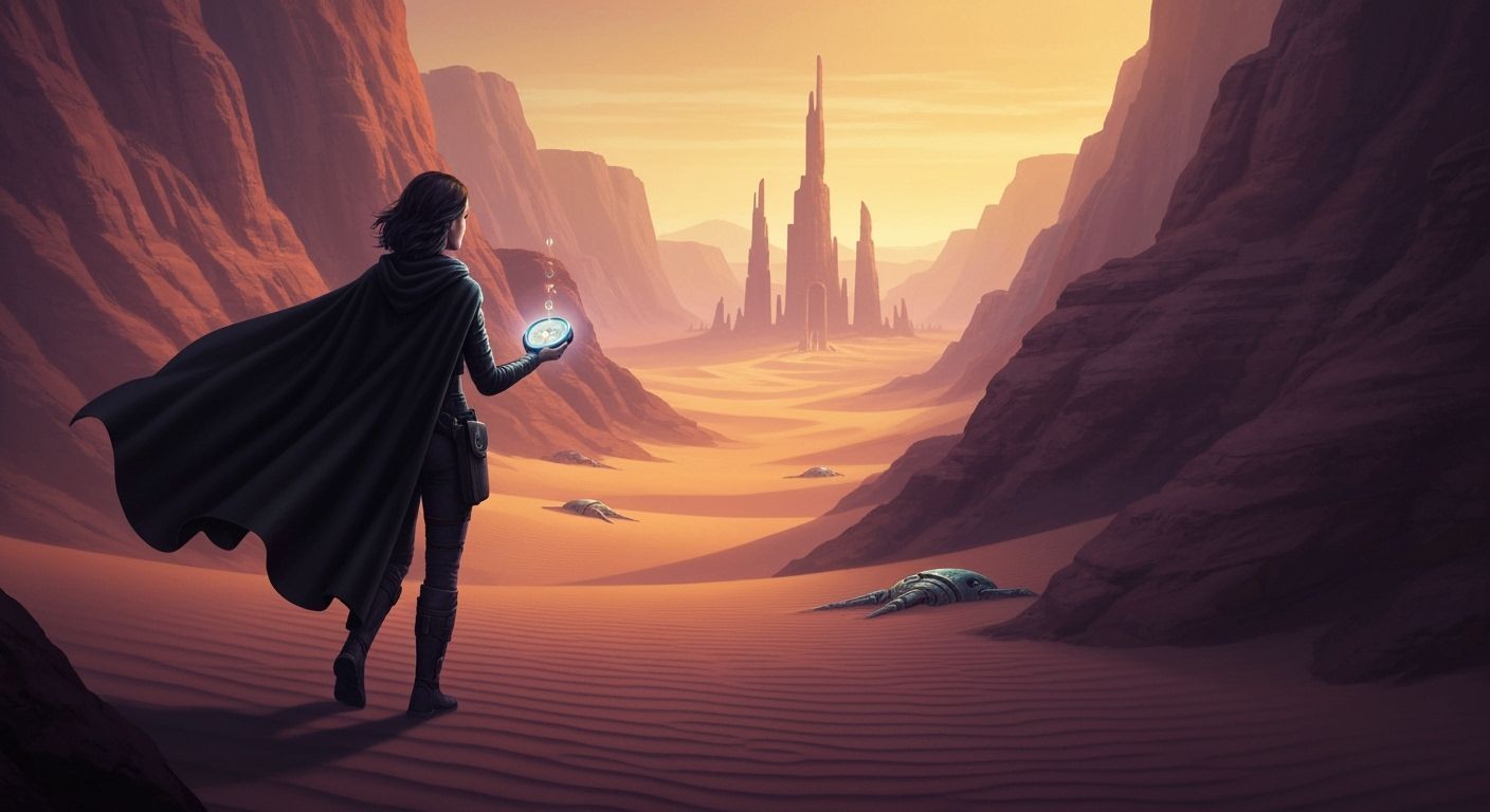 Explorer Navigates Desert Ruins with Glowing Compass