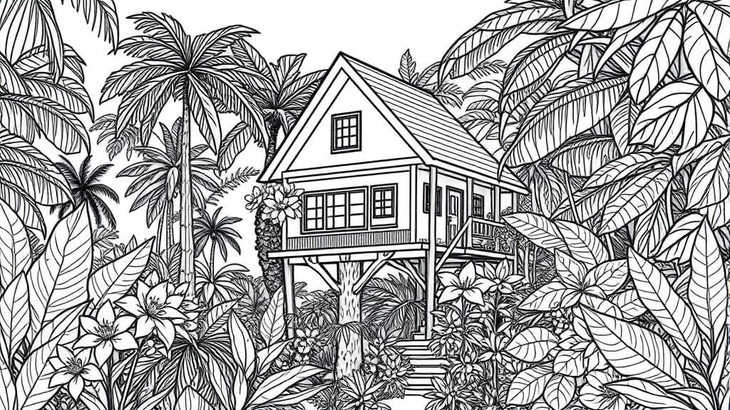 Detailed Jungle Treehouse in Black and White