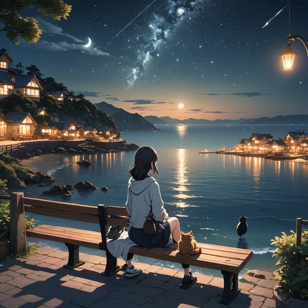 Girl and Cat by the Sea in 3D Anime Art
