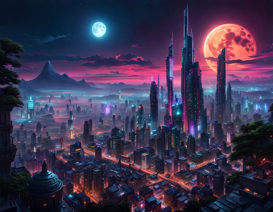Moonlit Sci-Fi Cityscape in Cyberpunk Style