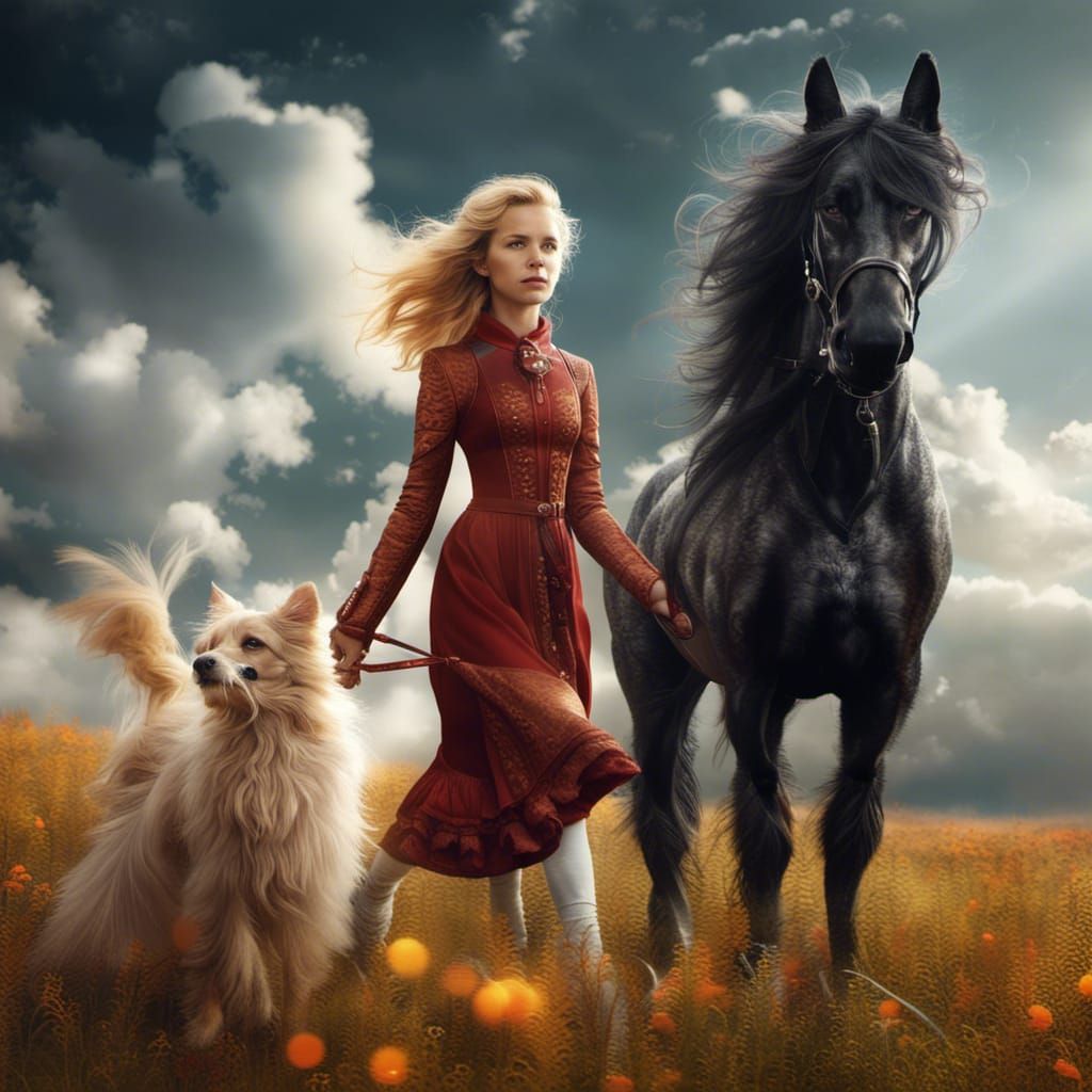 Golden Horse and Girl in Meadow: Fantasy Art