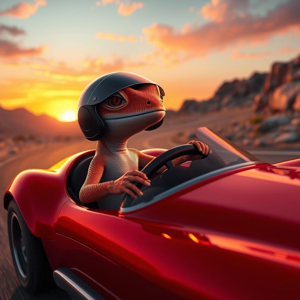Gecko Speedster Rides Sunset Roads in Cyberpunk Style