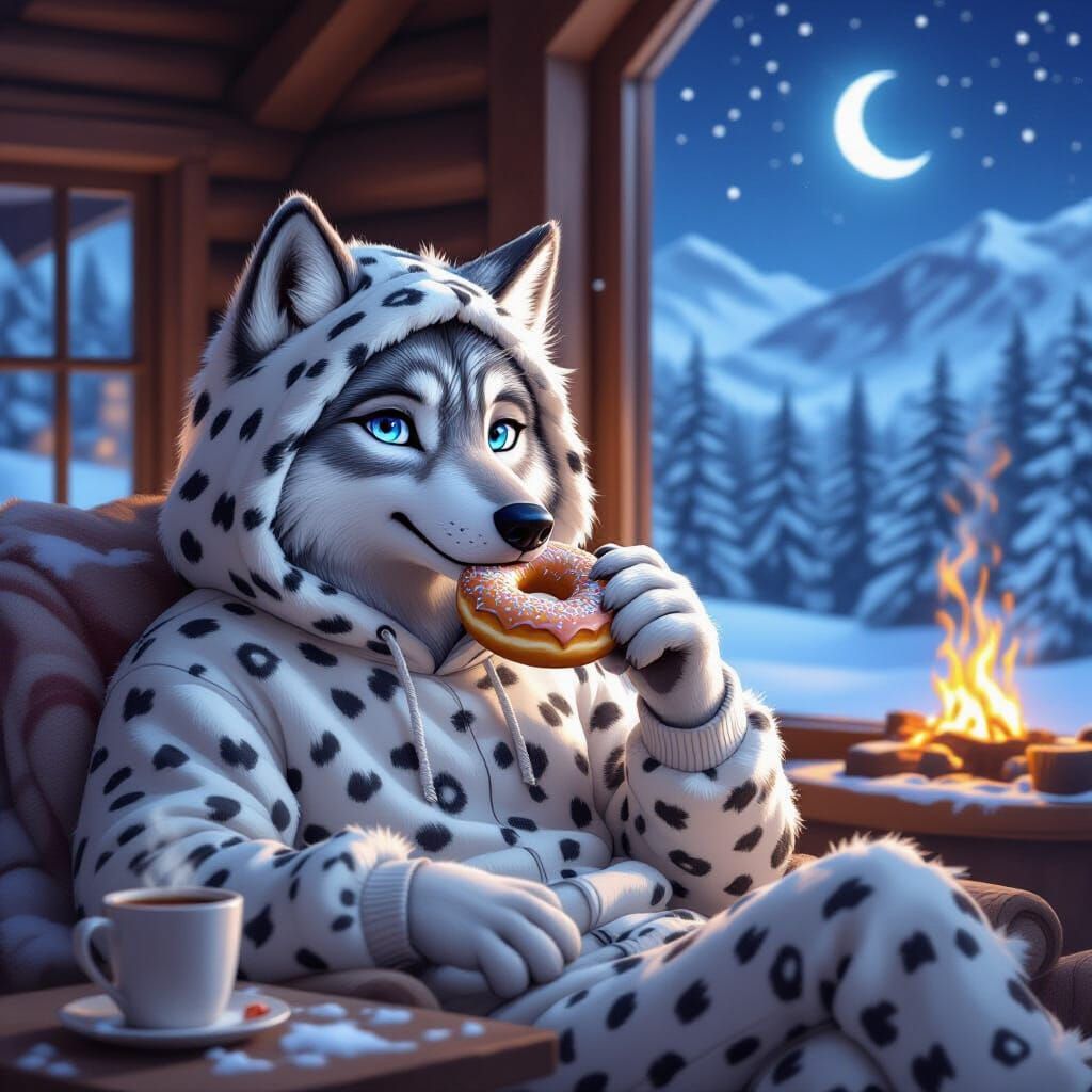 Cozy Wolf in Snow Leopard Hoodie Enjoys Donut