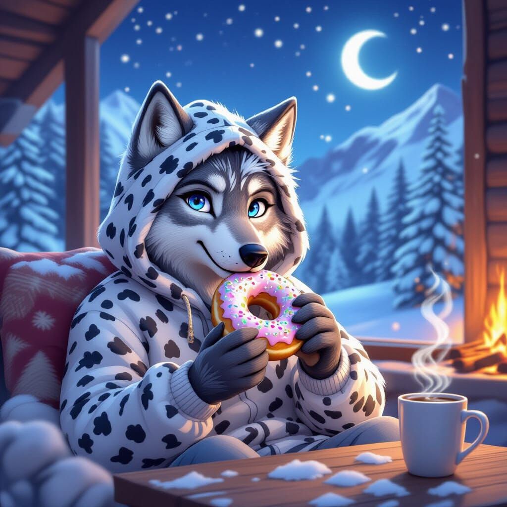 Cozy Wolf in Snow Leopard Hoodie Enjoys Donut