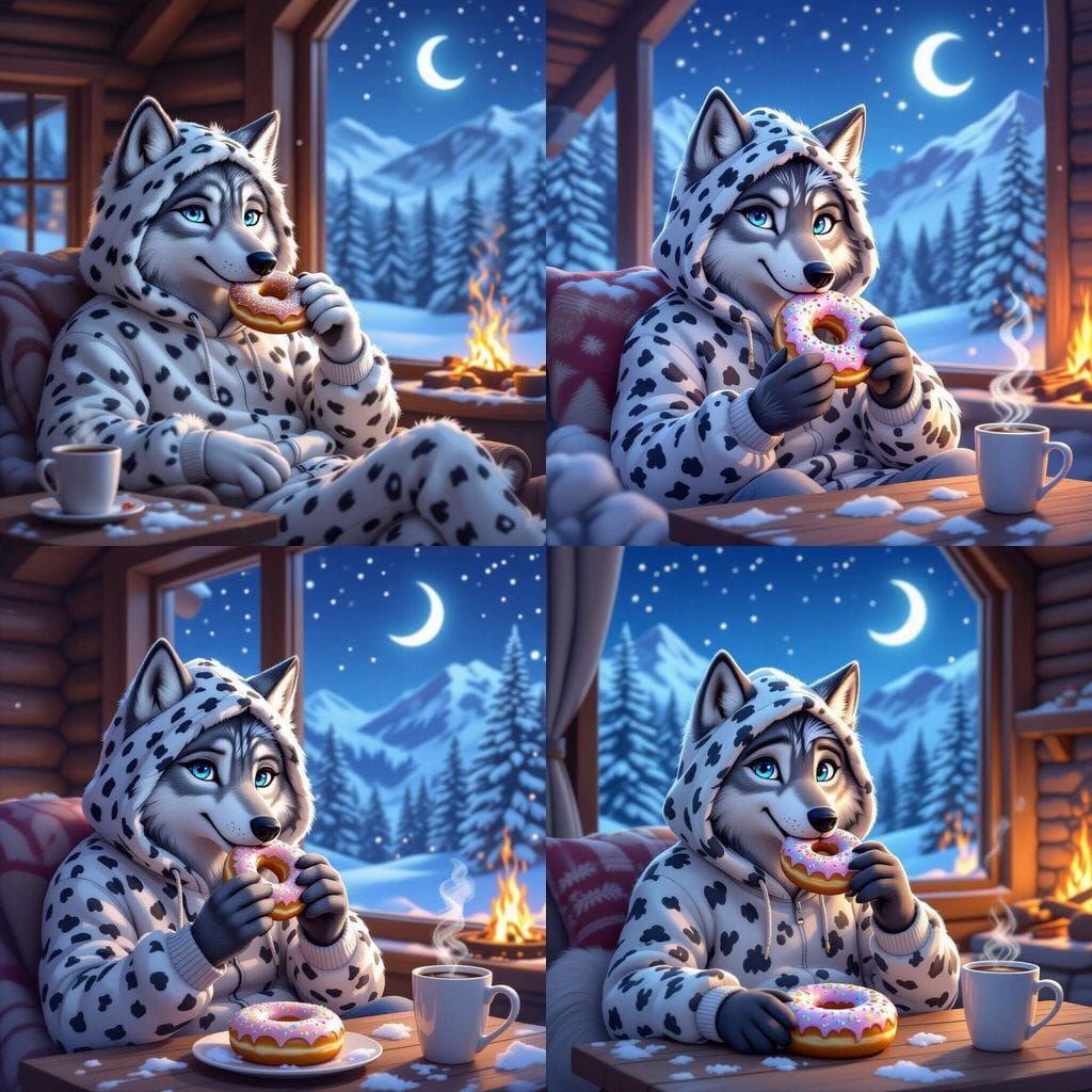 Anthropomorphic Wolf in Snow Leopard Hoodie Enjoys Donut