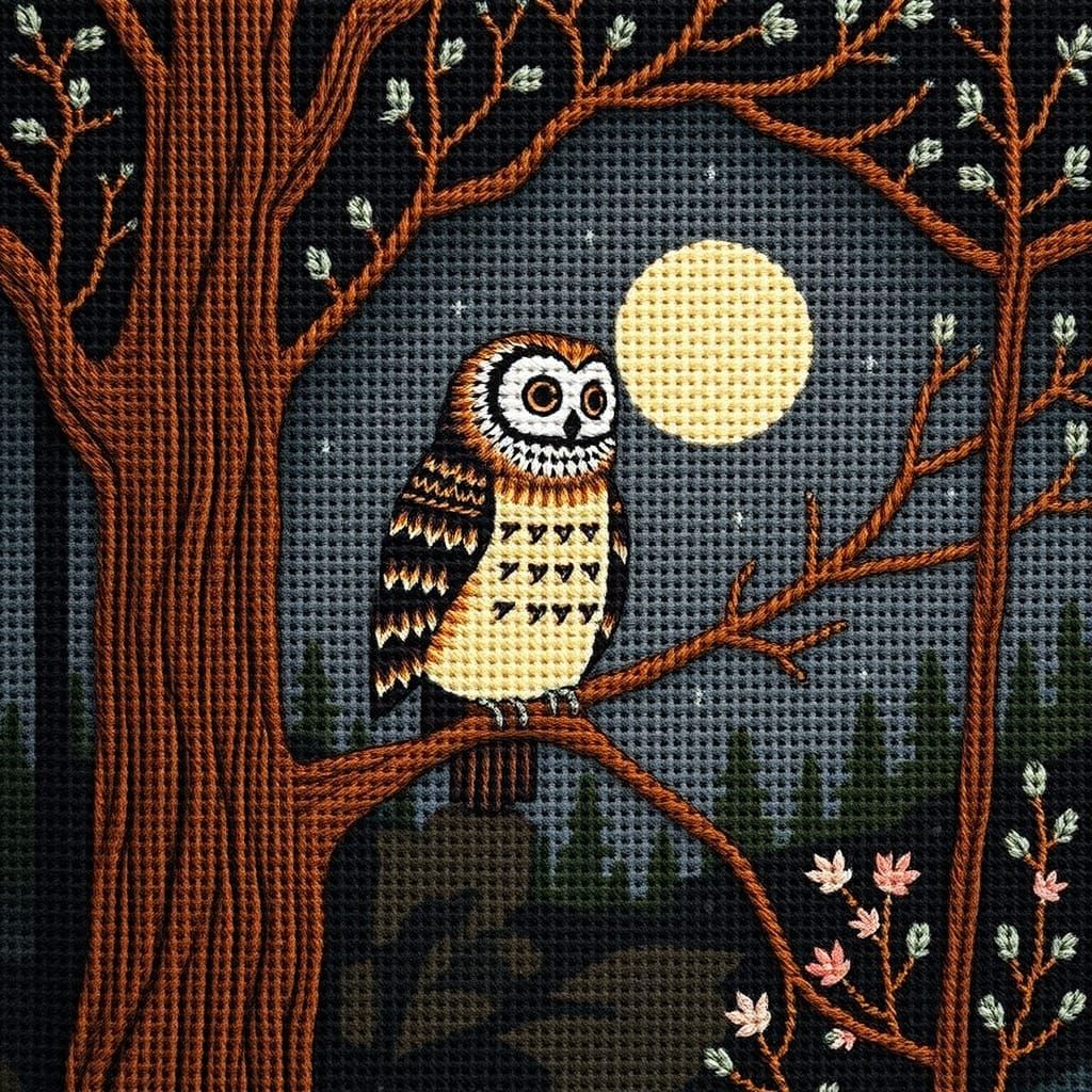 Whimsical Owl in Moonlit Forest, Traditional Cross-Stitch Em...