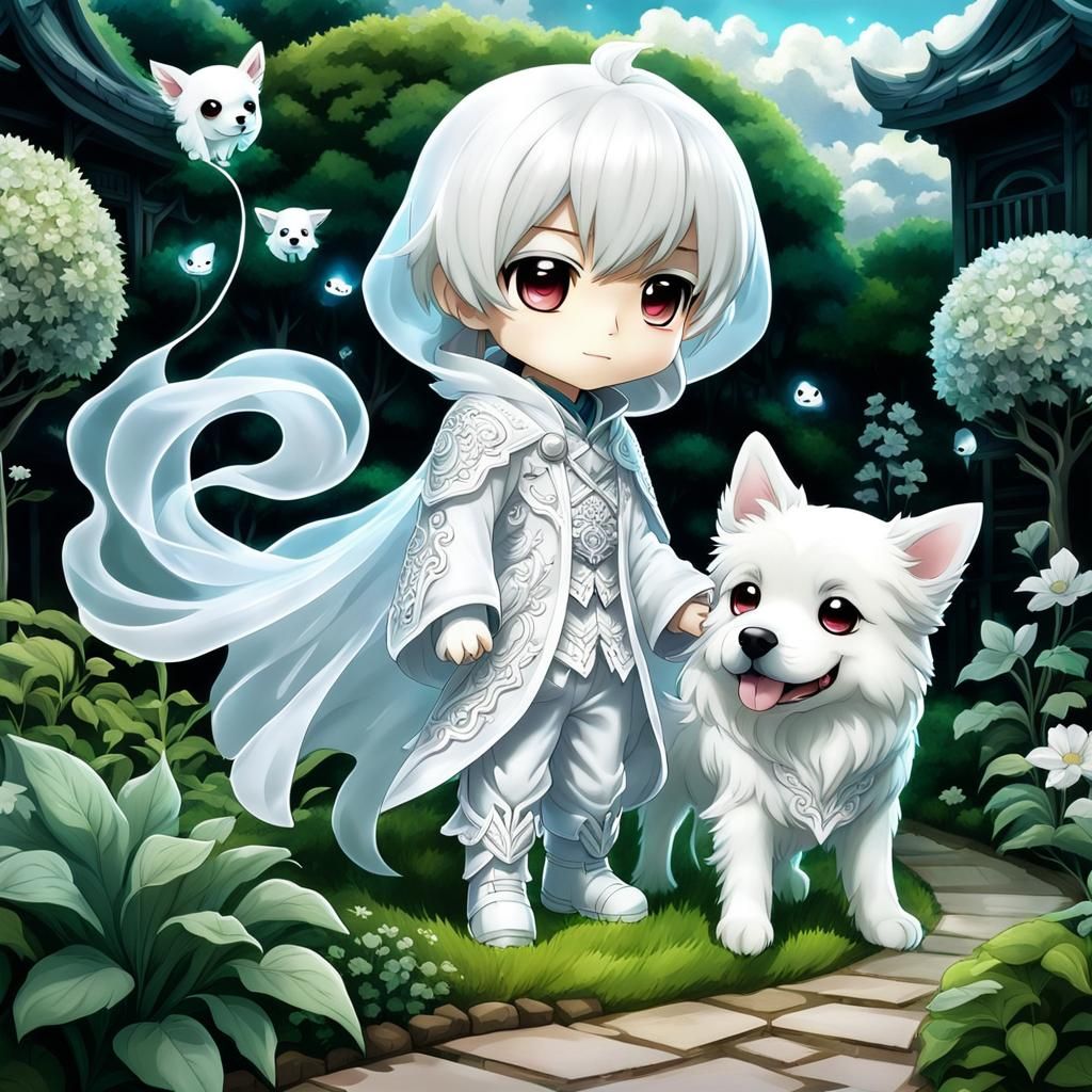 Chibi Ghosts in Garden: Anime Style Art
