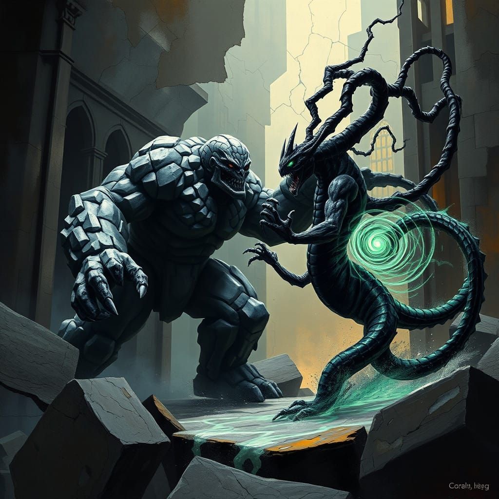 Gothic Golem Battles Petrifying Gorgon in a Shattered Mondri...