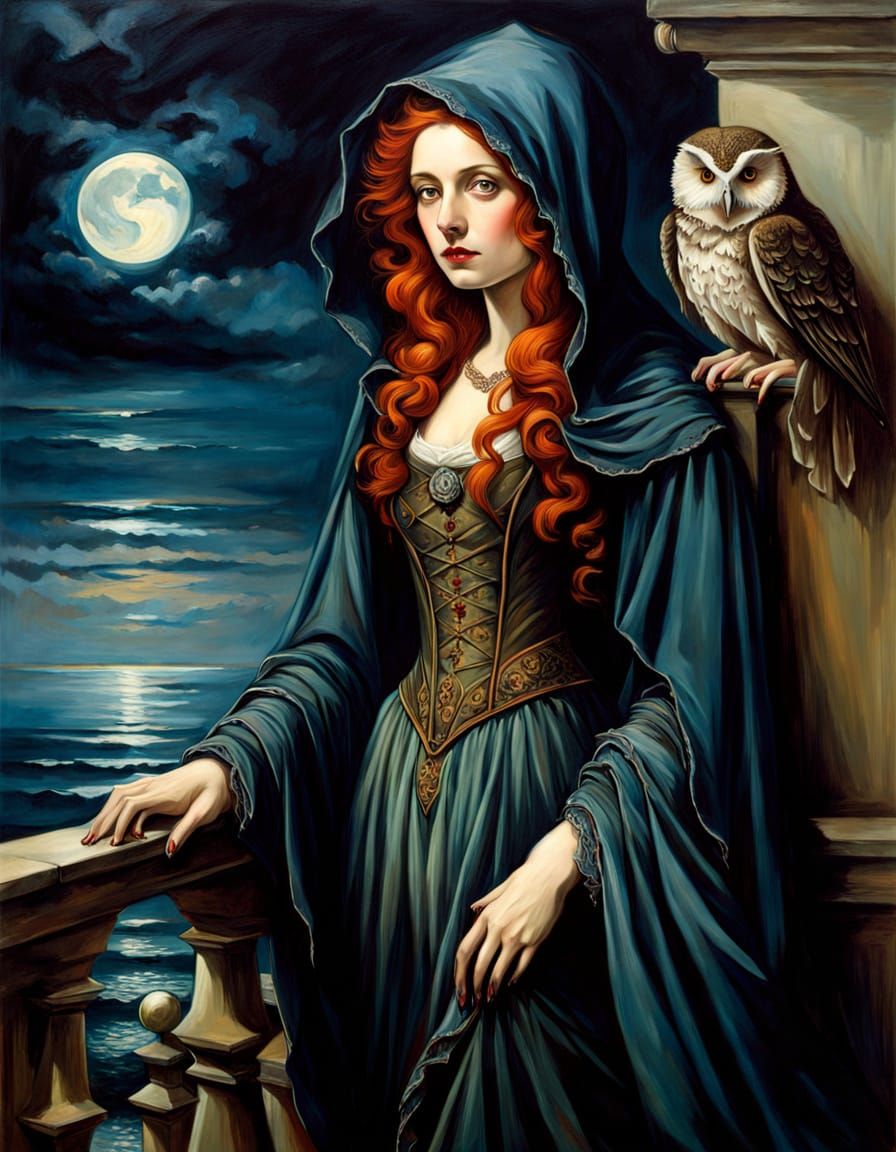 Gothic Ghost on Victorian Balcony in Pre-Raphaelite Style