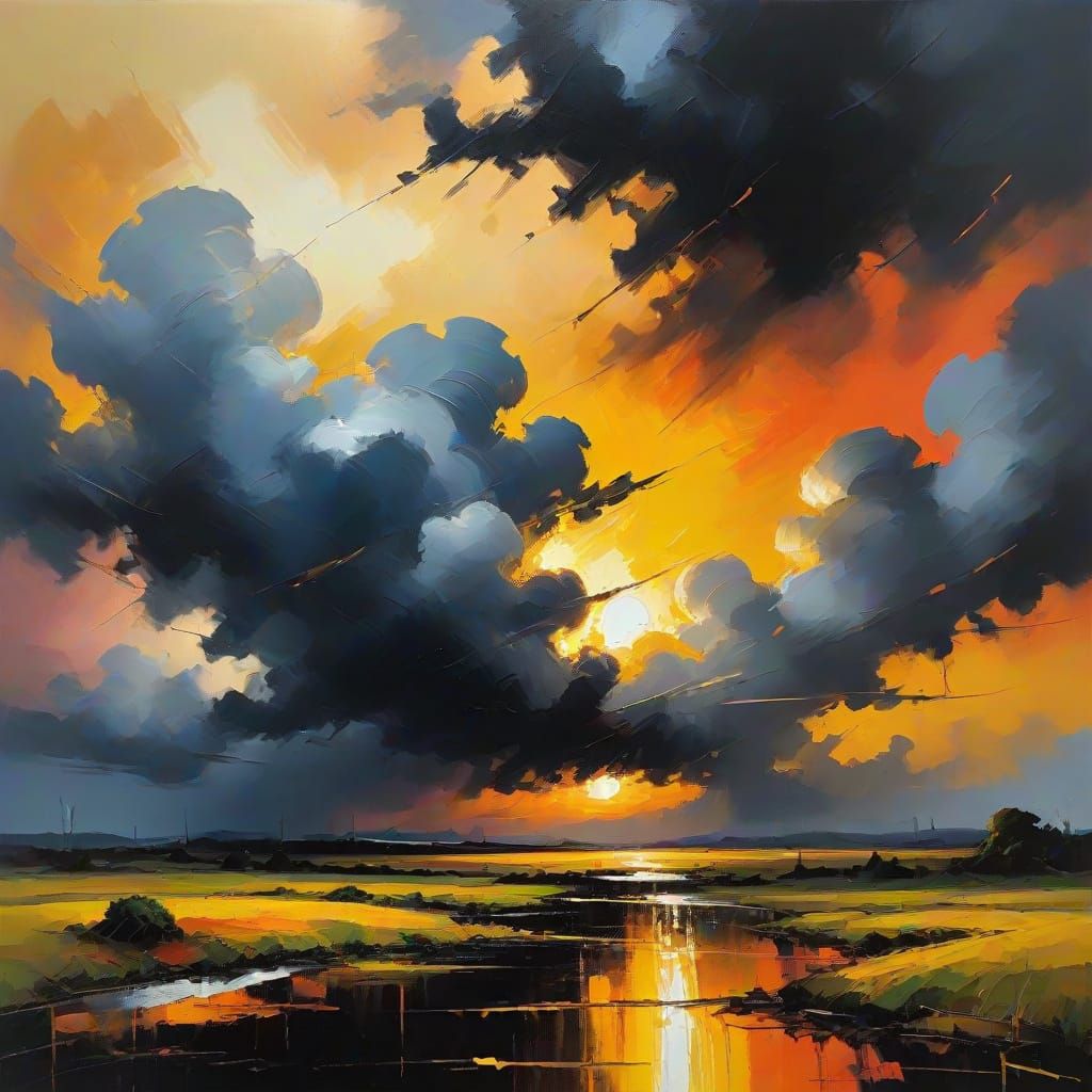 Abstract Expressionism: Dark Clouds and Golden Horizon