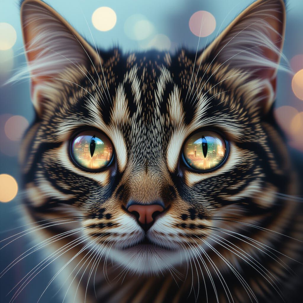 Cat Eyes Reflecting a Miniature Dreamlike City