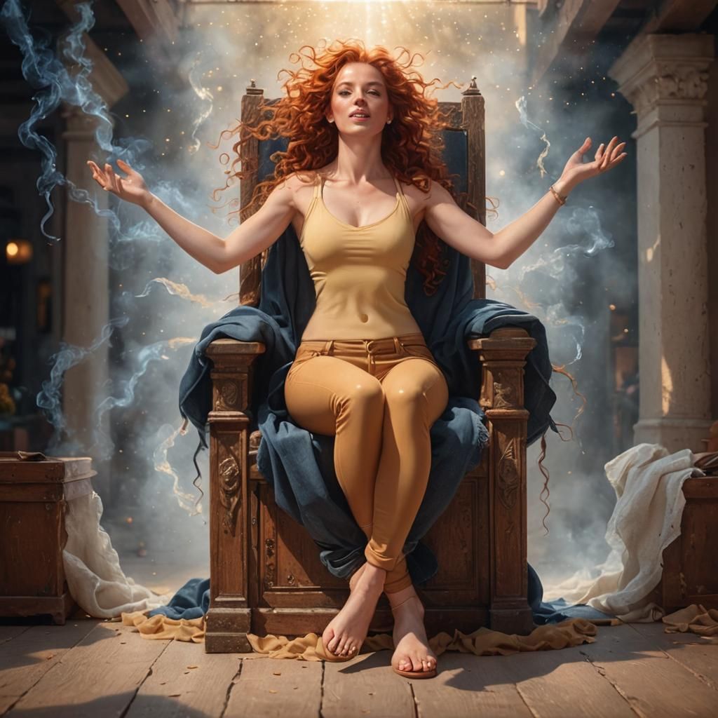 Unbelievably gorgeous red haired woman wearing only Jeans and nothing above the waist style of Olivia de Bernardis