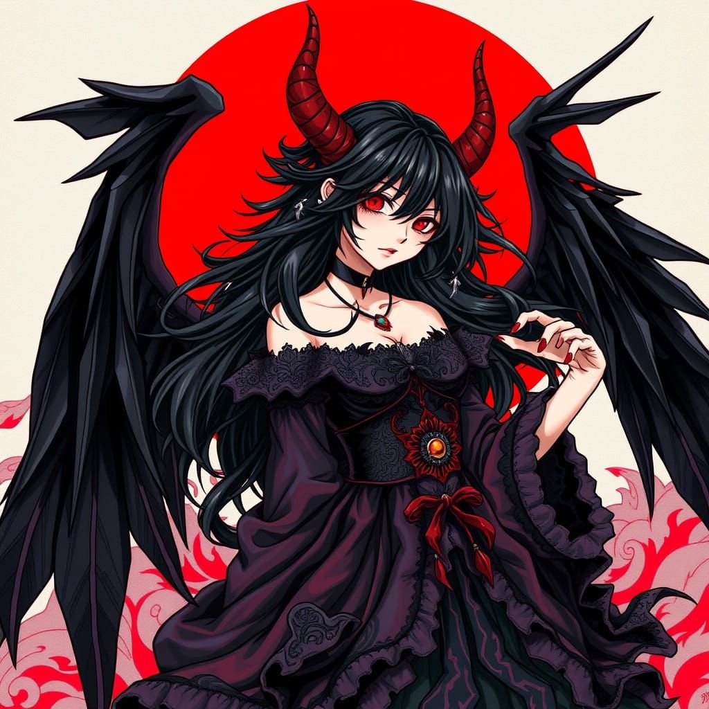 Hellish Princess with Dark Wings in Vibrant Anime Style