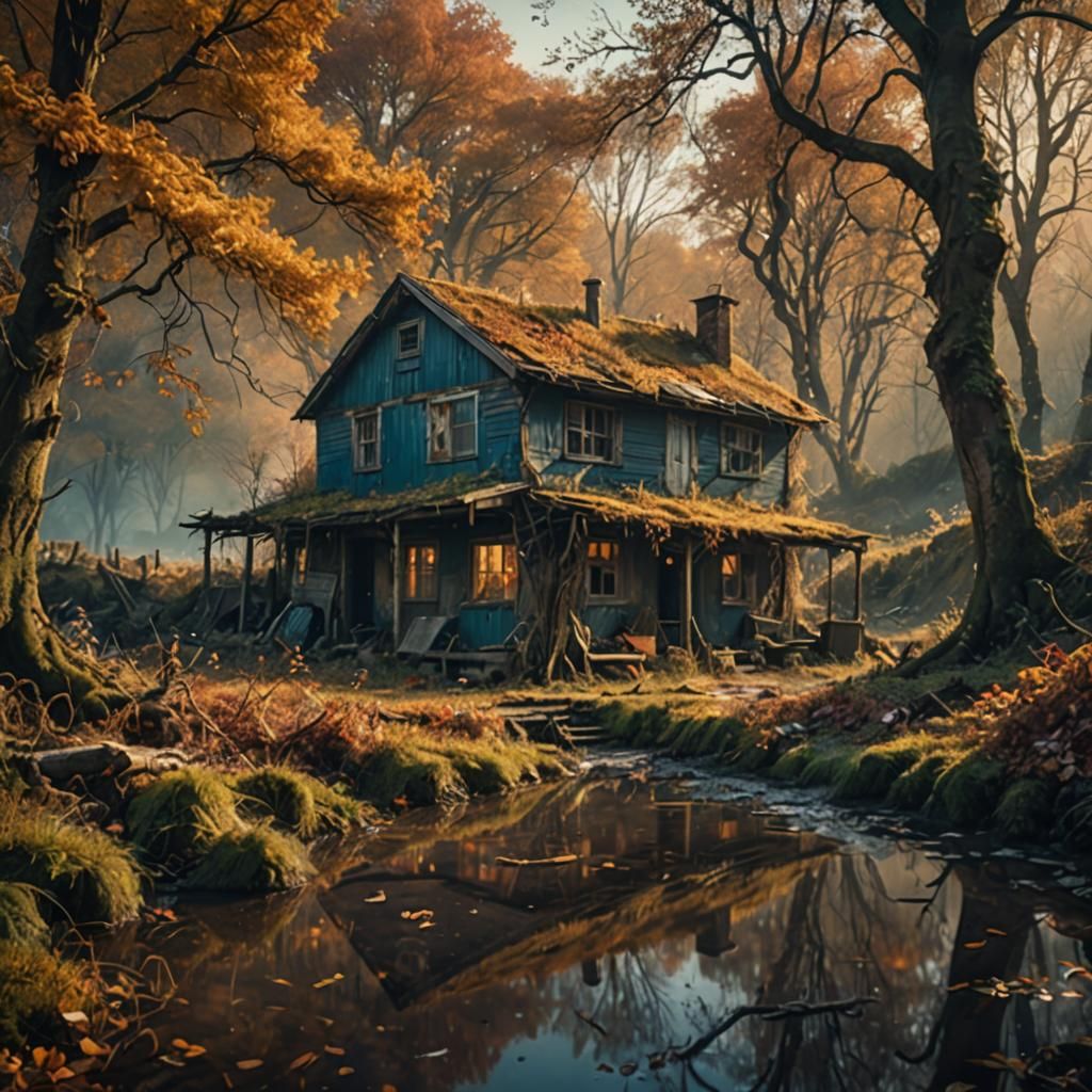 Autumn Shack Digital Matte Painting in Forest