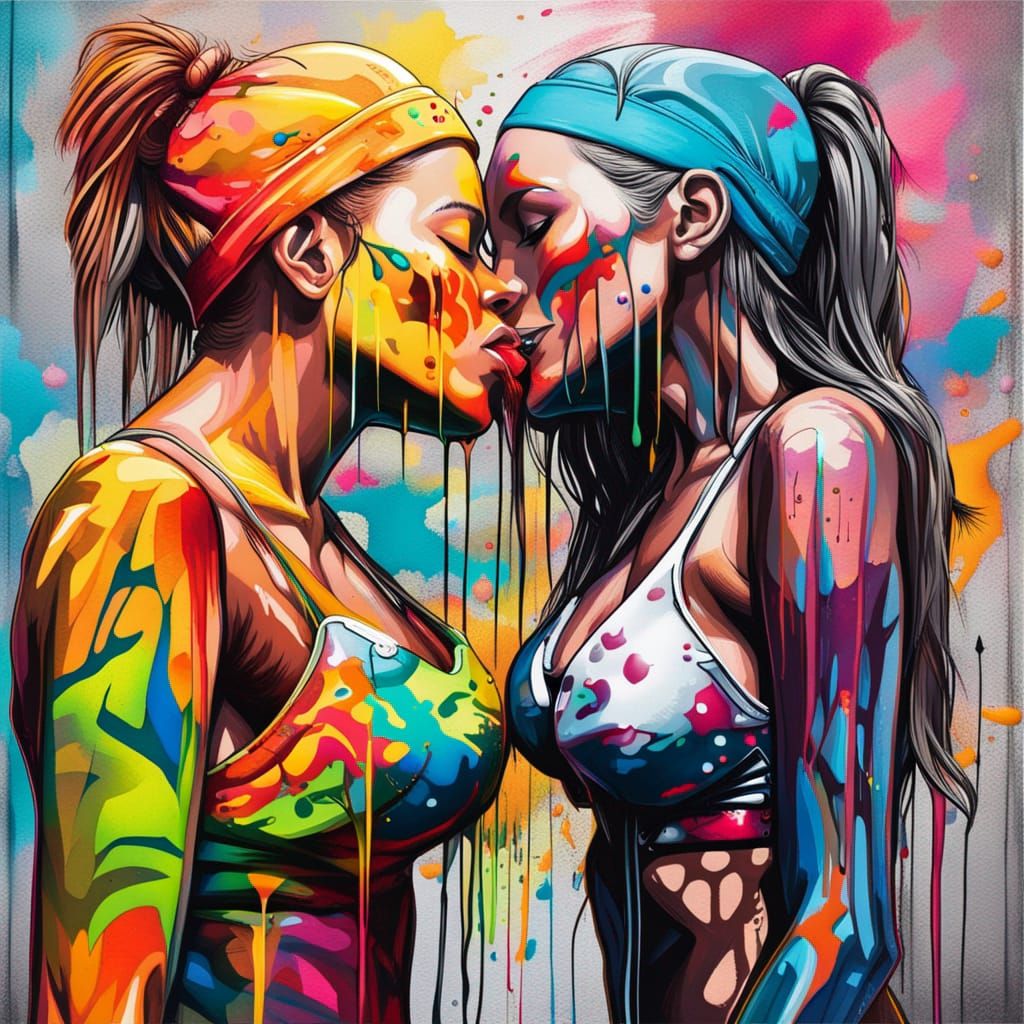 Bikini Women Kissing in Graffiti Splash Art Style